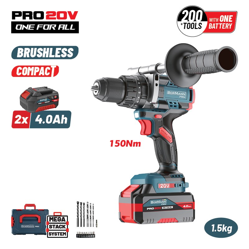 BORMANN Pro BBP5406X44CA CORDLESS IMPACT DRILL,COMPACT,BRUSHLESS 20V,Li-Ion,2x4Ah