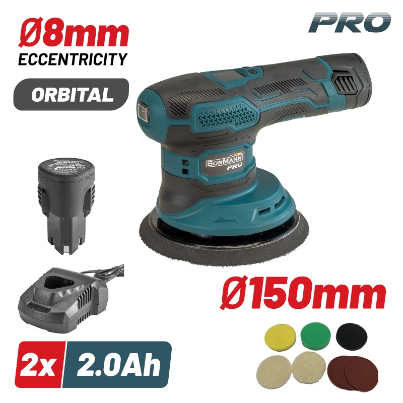 BORMANN Pro BCP3800  ORBITAL CORDLESS POLISHER & SANDER 12V , LED DISPLAY 2x2Ah , ACCESSORIES